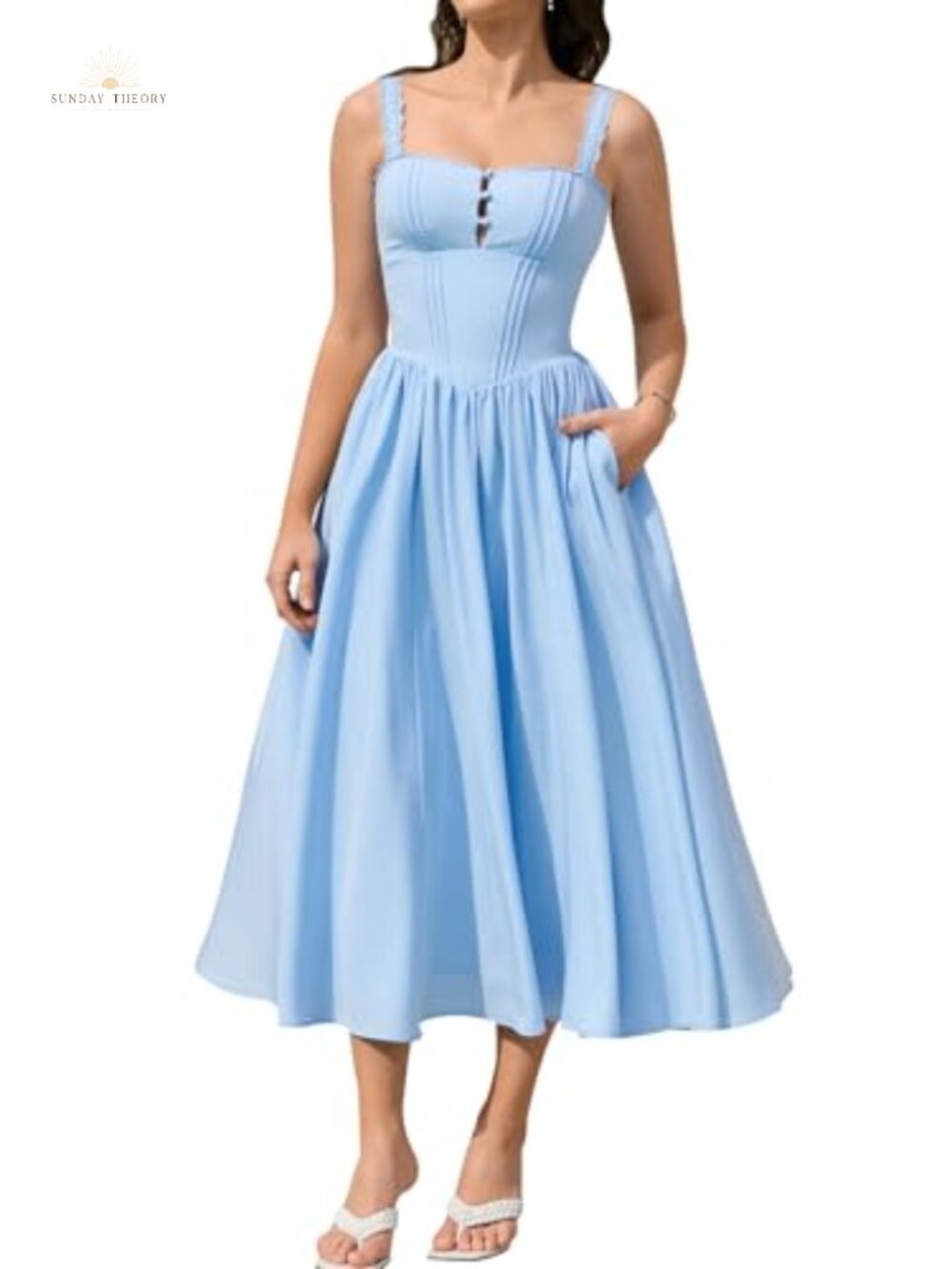 Women's Summer Corset Midi Dress Square Neck Smocked A-Line Sleeveless with